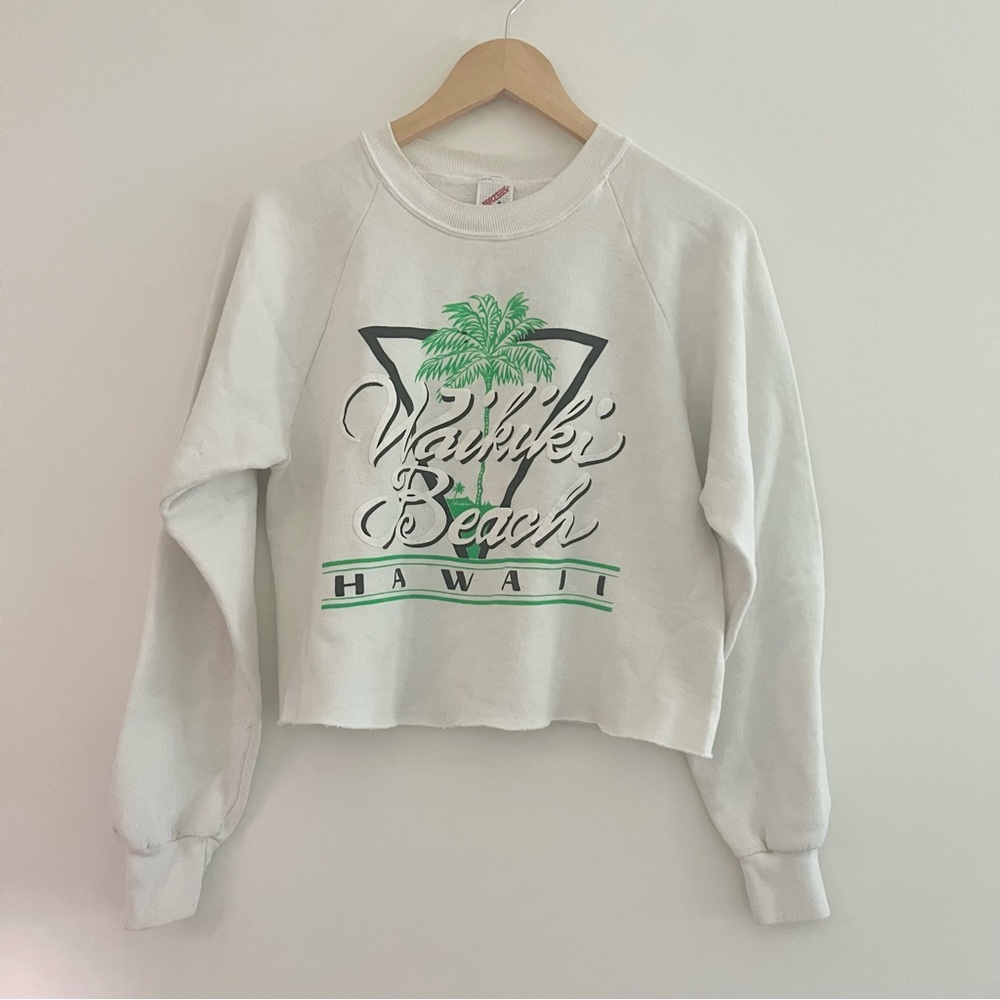 Vintage 80s Jerzees Waikiki Beach Hawaii Puffy Text Cut Sweatshirt White Neon M